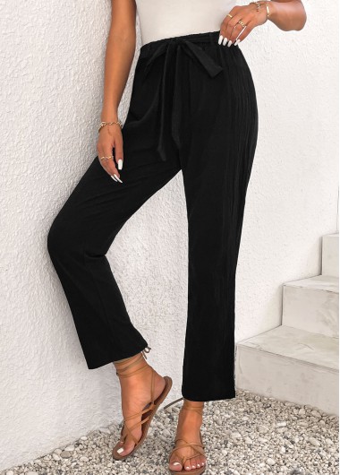 Black bottoms,Plain Color bottoms,Bowknot Black Elastic Waist High Waisted Pants