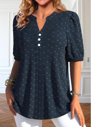 Navy tops,Plain Color tops,ROTITA Button Navy Split Neck Short Sleeve Blouse