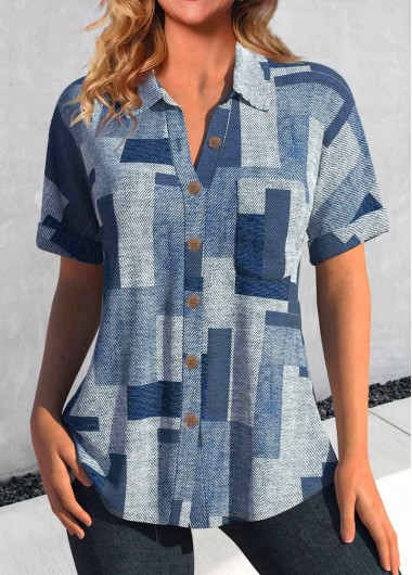 Denim Blue tops,Geometric tops,ROTITA Button Geometric Print Denim Blue Shirt Collar Blouse