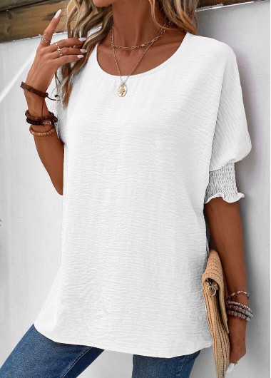 White tops,Plain Color tops,ROTITA Smocked White Round Neck Half Sleeve T Shirt