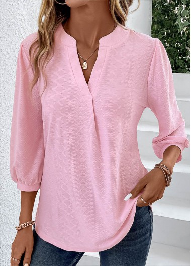 Pink tops,Plain Color tops,ROTITA Ruched Pink Split Neck T Shirt