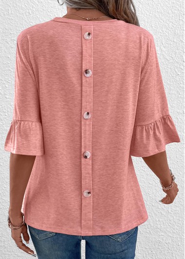 Pink tops,Plain Color tops,ROTITA Button Pink Round Neck T Shirt