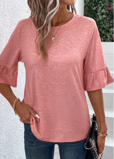 Pink tops,Plain Color tops,ROTITA Button Pink Round Neck T Shirt