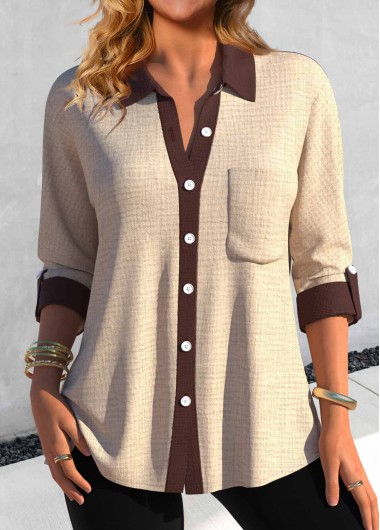 Light Camel tops,Contrast Color tops,ROTITA Button Light Camel Shirt Collar Pocket Blouse