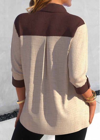 Light Camel tops,Contrast Color tops,ROTITA Button Light Camel Shirt Collar Pocket Blouse