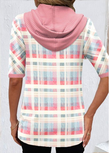 Light Pink tops,Rainbow Color tops,Plaid tops,Striped tops,Geometric tops,ROTITA Button Plaid Light Pink Hooded T Shirt