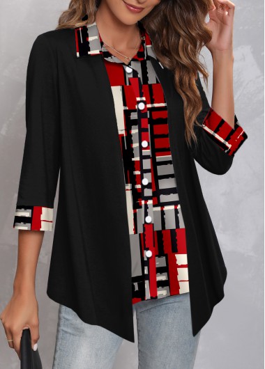 Black tops,Geometric tops,Striped tops,ROTITA Fake 2in1 Geometric Print Black Shirt Collar Blouse
