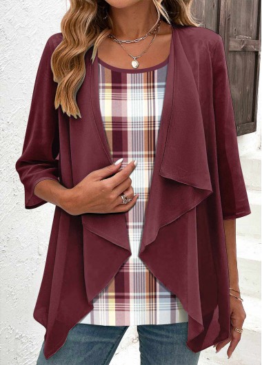 Deep Red tops,Plaid tops,Striped tops,Geometric tops,ROTITA Fake 2in1 Plaid Deep Red Scoop Neck Blouse