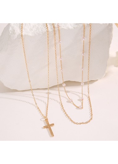 Gold jewelry,Plain Color jewelry,Pearl Detail Cross Gold Alloy Necklace Set