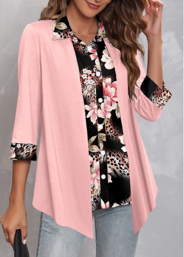 Light Pink tops,Floral tops,Leopard tops,ROTITA Fake 2in1 Floral Print Light Pink Blouse