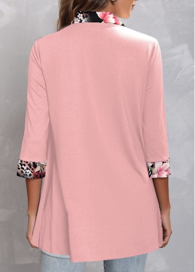 Light Pink tops,Floral tops,Leopard tops,ROTITA Fake 2in1 Floral Print Light Pink Blouse