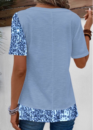 Dusty Blue tops,Contrast Color tops,ROTITA Sequin Dusty Blue Asymmetrical Neck Blouse