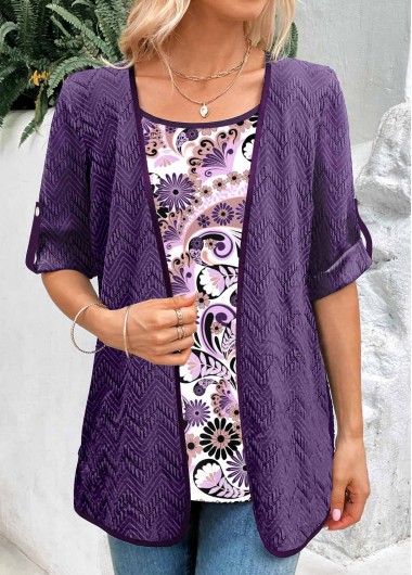 Dark Purple tops,Paisley tops,Floral tops,ROTITA Fake 2in1 Paisley Print Dark Purple Blouse