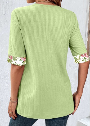 Avocado Green tops,Floral tops,Plants tops,ROTITA Patchwork Floral Print Avocado Green Fake Two Piece Twinset
