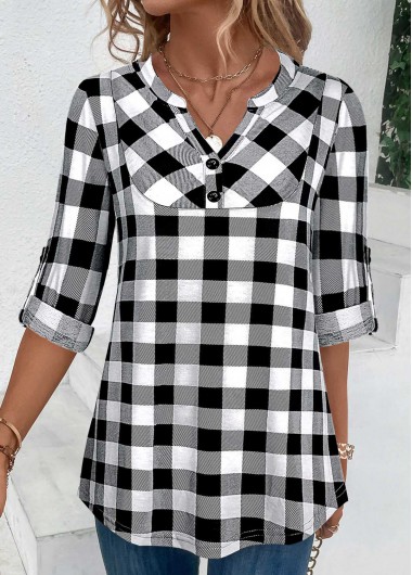 Black tops,Plaid tops,ROTITA Button Plaid Black Split Neck Blouse