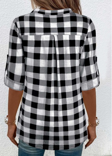 Black tops,Plaid tops,ROTITA Button Plaid Black Split Neck Blouse