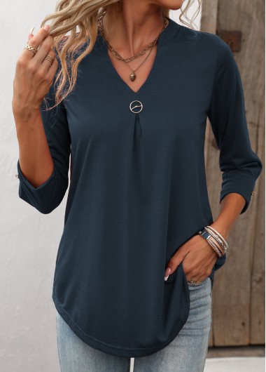 Navy tops,Plain Color tops,ROTITA Circular Ring Navy Split Neck T Shirt