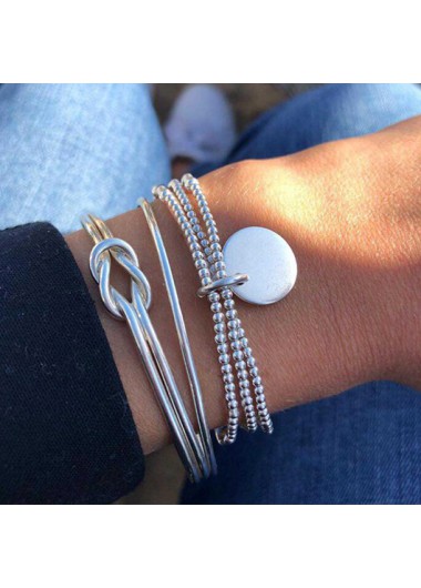 Round Beads Detail Twist Silver Bracelet Set