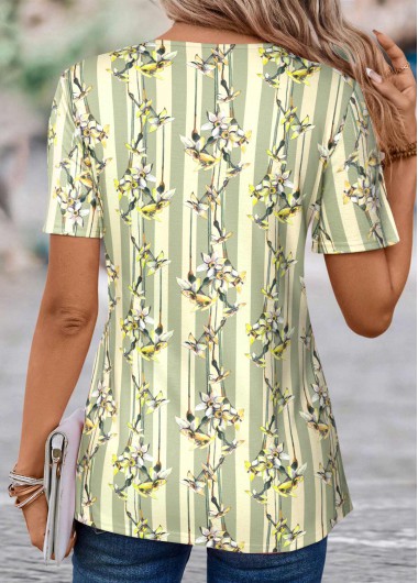Light Green tops,Floral tops,Plants tops,ROTITA Patchwork Floral Print Light Green T Shirt