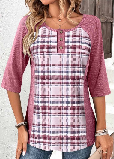 Pink tops,Plaid tops,ROTITA Patchwork Plaid Pink Scoop Neck T Shirt