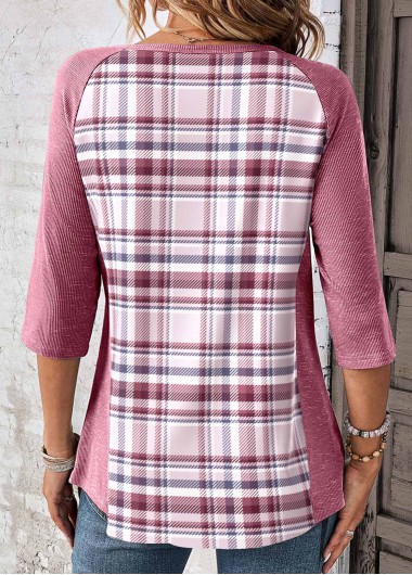 Pink tops,Plaid tops,ROTITA Patchwork Plaid Pink Scoop Neck T Shirt
