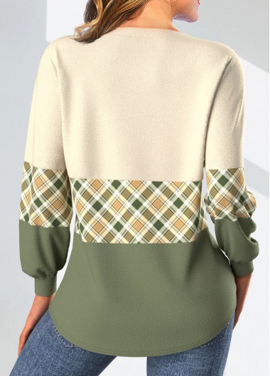 Light Yellow tops,Green tops,Plaid tops,Geometric tops,Striped tops,ROTITA Patchwork Plaid Light Yellow V Neck Long Sleeve Sweatshirt