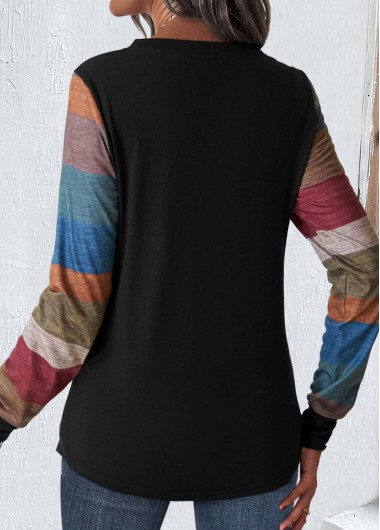 Multi Color tops,Rainbow Color tops,Black tops,Striped tops,Geometric tops,ROTITA Patchwork Striped Multi Color V Neck T Shirt