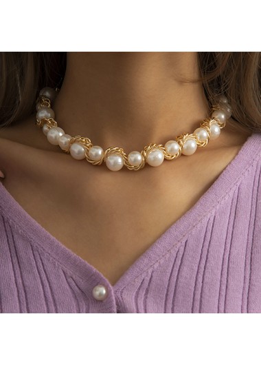 Gold Chain Detail Round Pearl Necklace