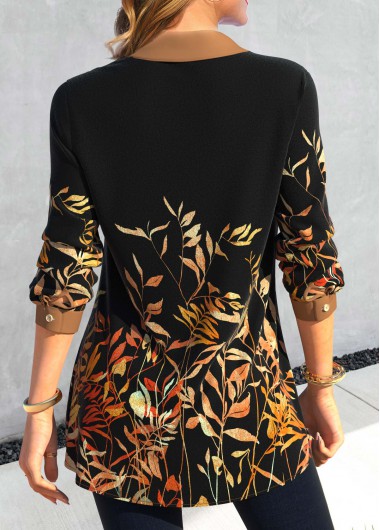 Black tops,Dark Coffee tops,Plants tops,ROTITA Fake 2in1 Leaf Print Black Shirt Collar Blouse