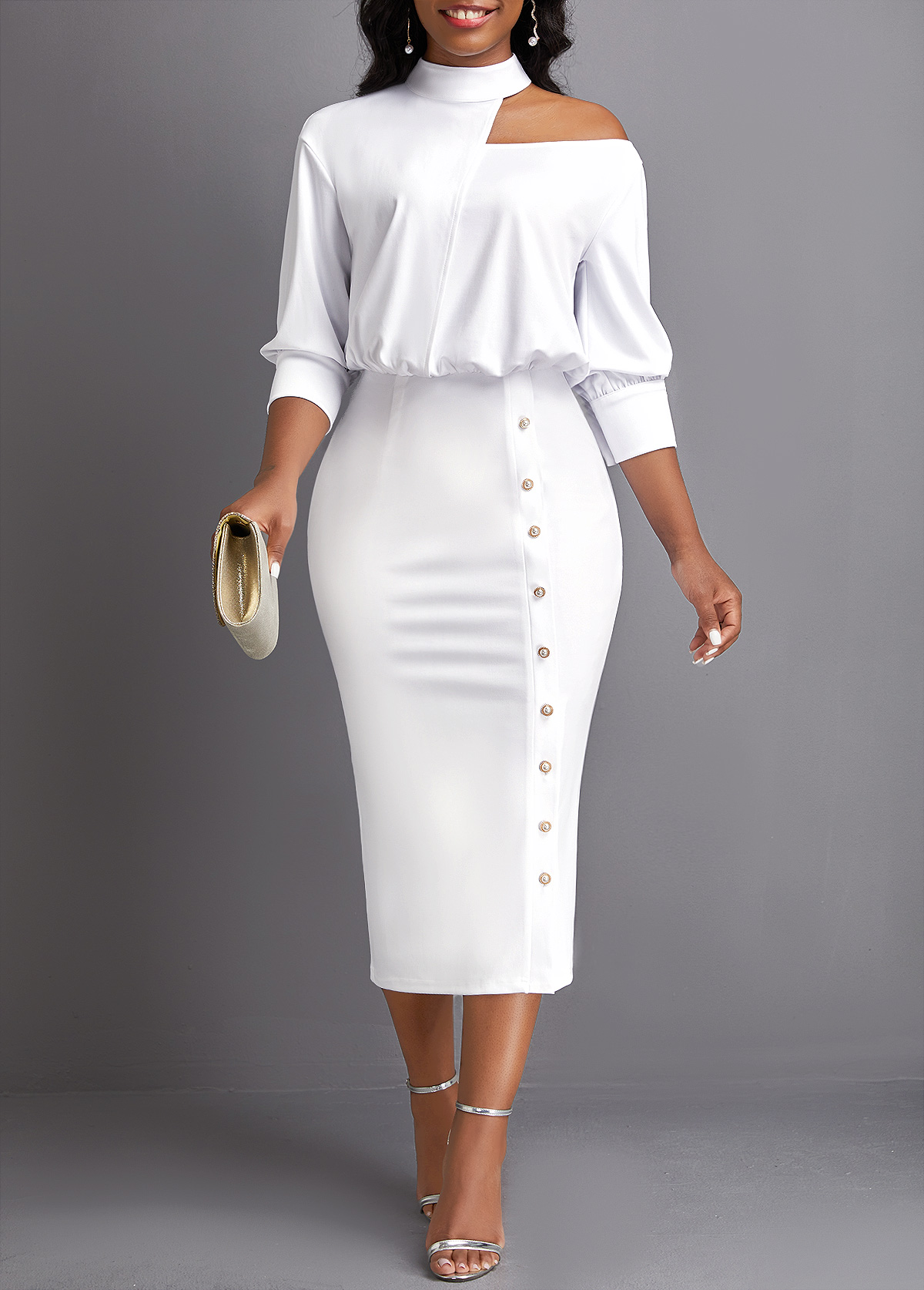 ROTITA Asymmetry White Stand Collar Bodycon Dress