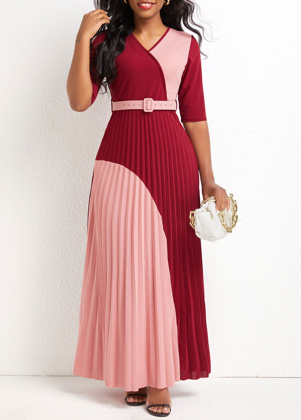 ROTITA Pleated Deep Red Belted V Neck Maxi Dress