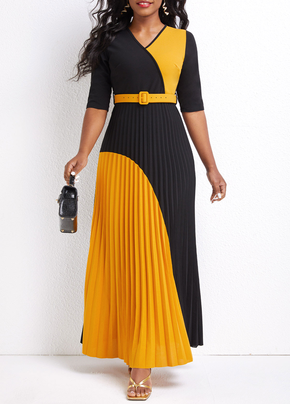 ROTITA Pleated Black Belted V Neck Maxi Dress