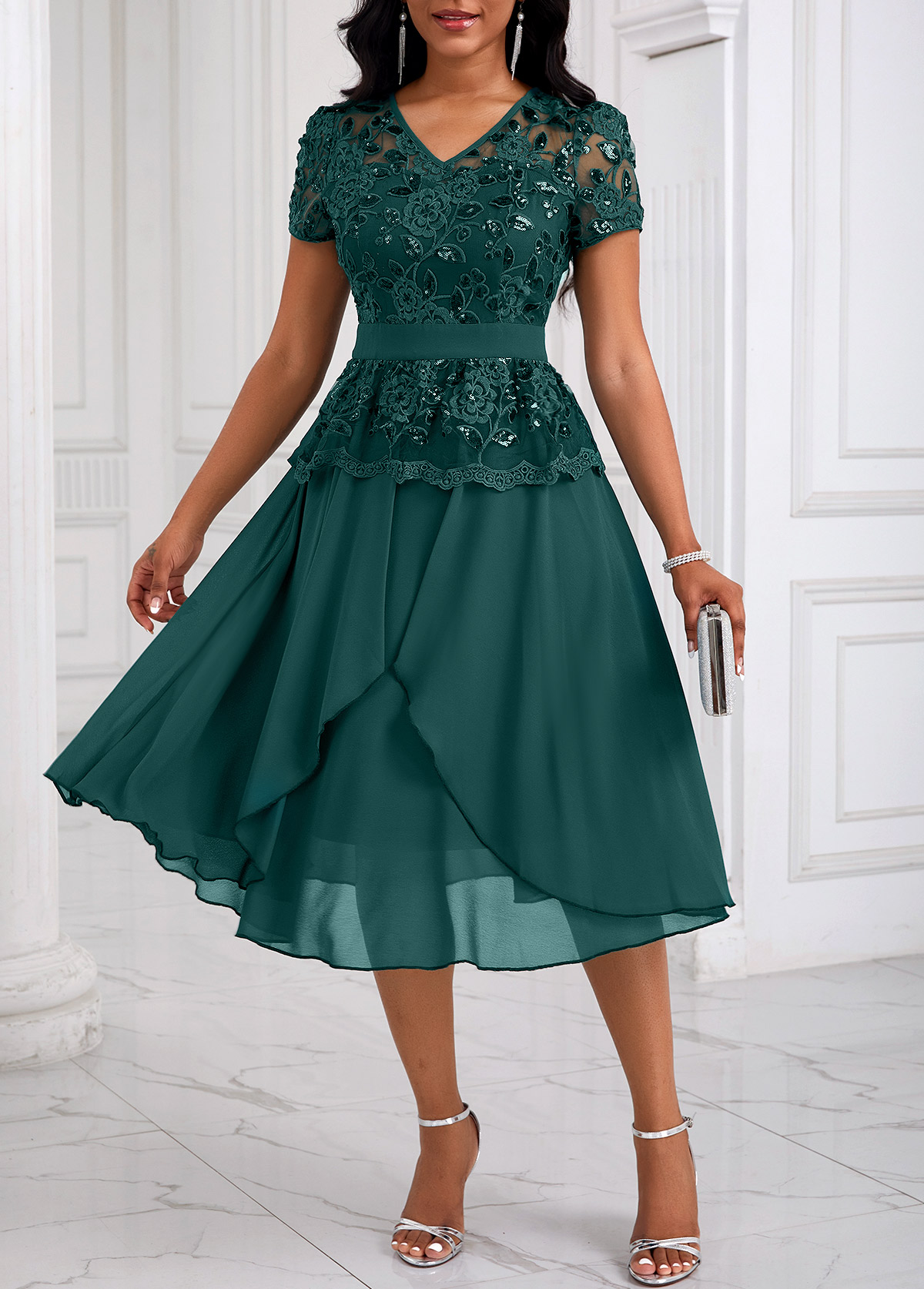 ROTITA Lace Patchwork V Neck Blackish Green Dress