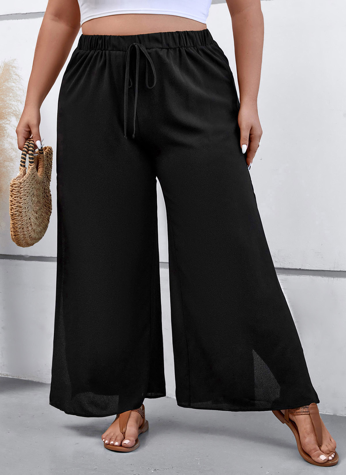 Plus Size Drawstring Black Elastic Waist Pants