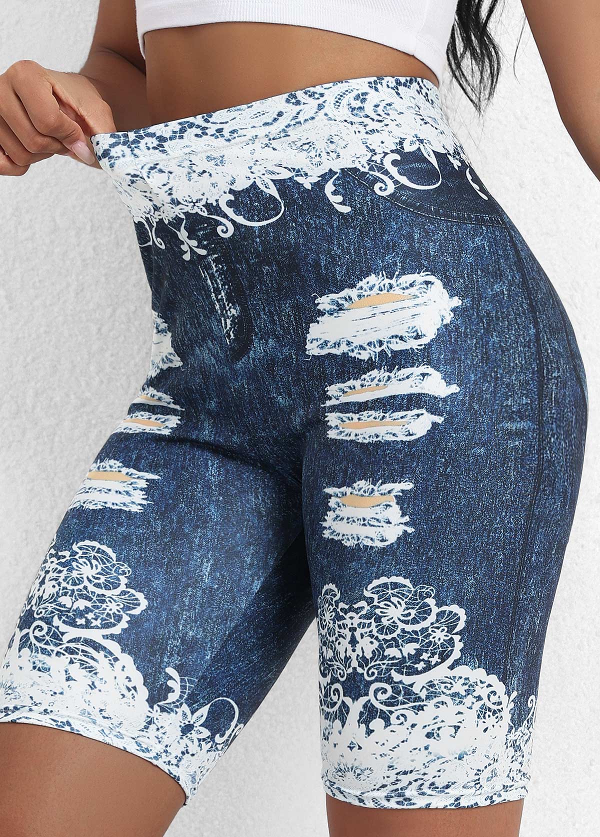 Floral Print Denim Blue High Waisted Leggings