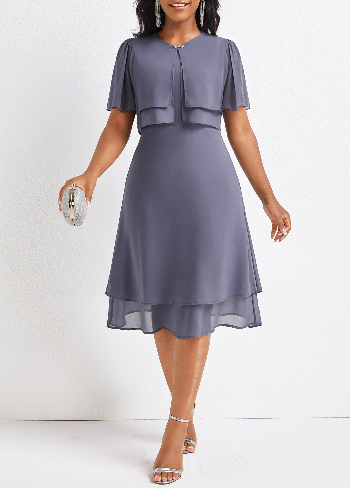 ROTITA Layered Dusty Purple Round Neck Short Sleeve Dress