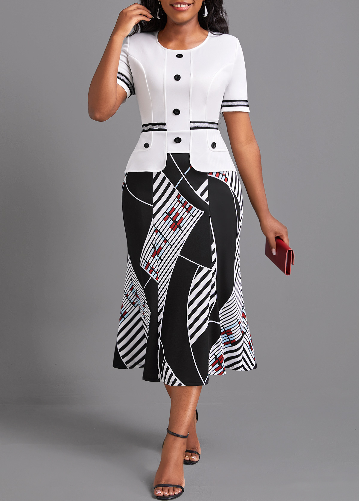 ROTITA Contrast Binding Geometric Print White Bodycon Dress