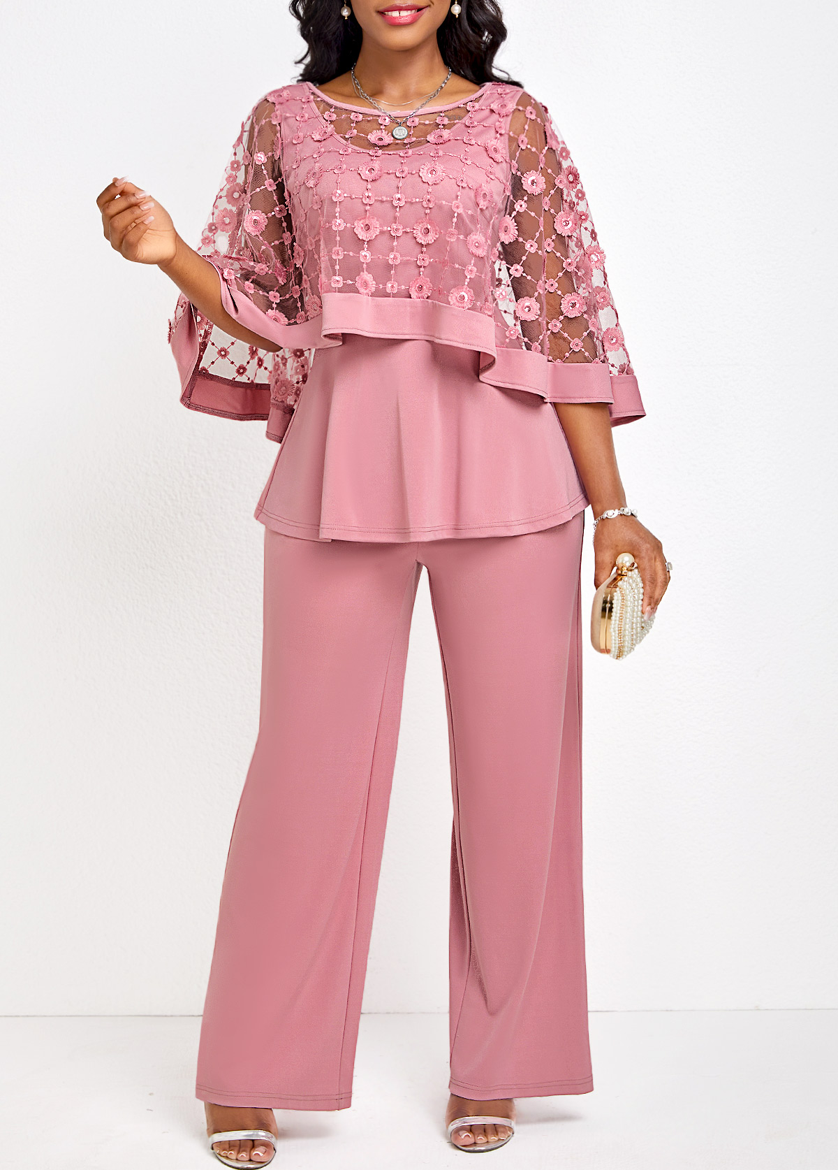 ROTITA Breathable Pink Long Boat Neck Jumpsuit and Cardigan