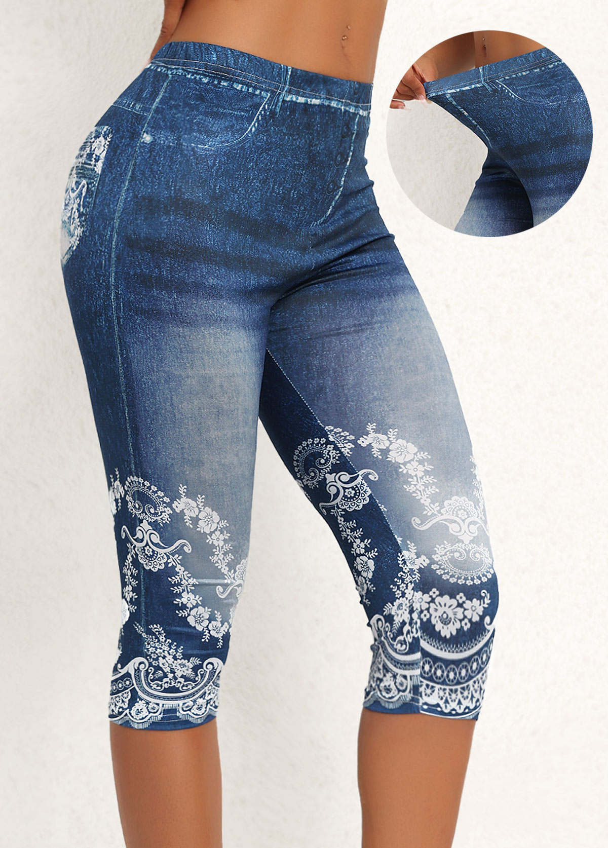Denim Blue High Waisted Elastic Waist Capri Leggings