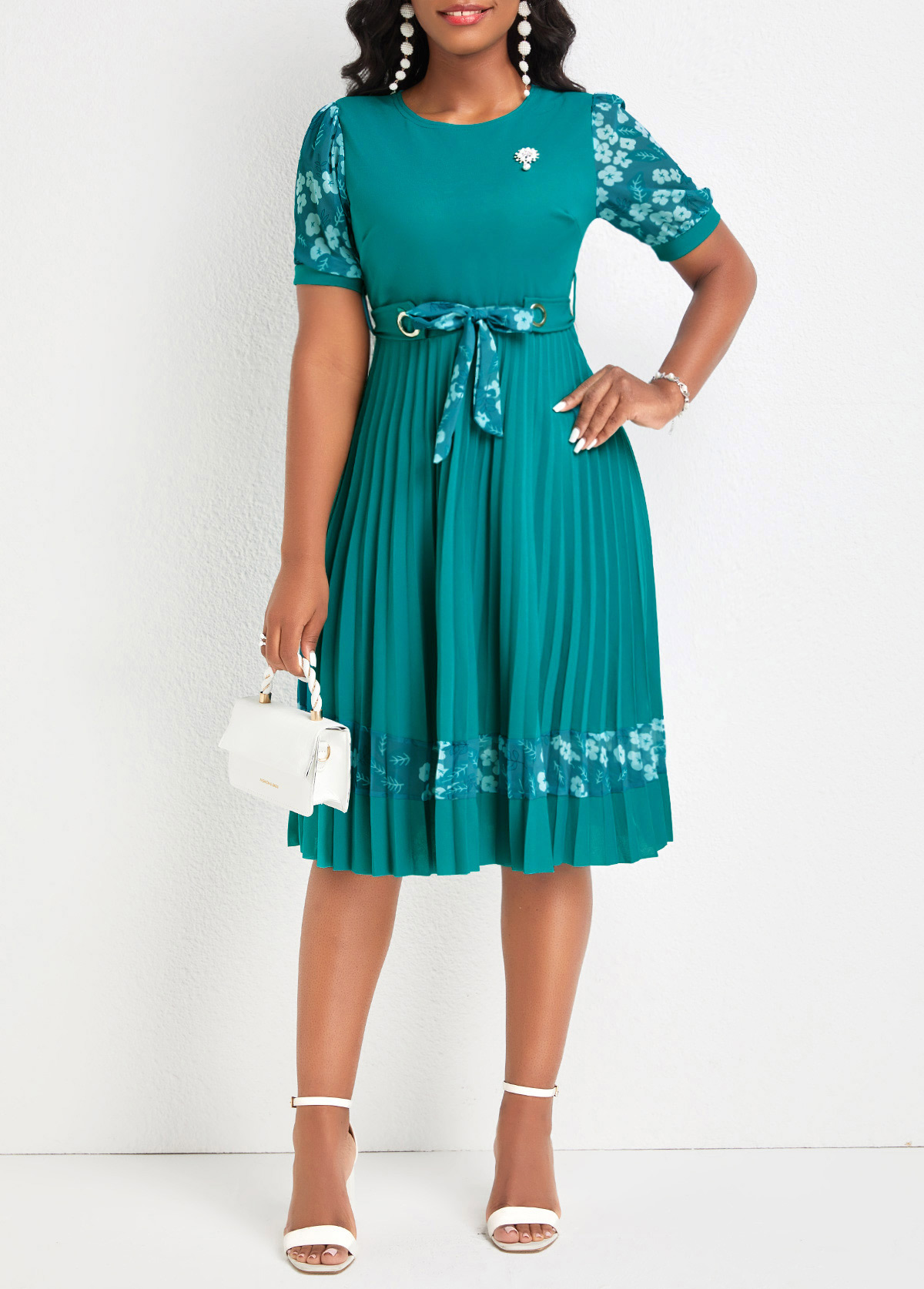 ROTITA Robe plissée à imprimé floral et ceinture turquoise à col rond