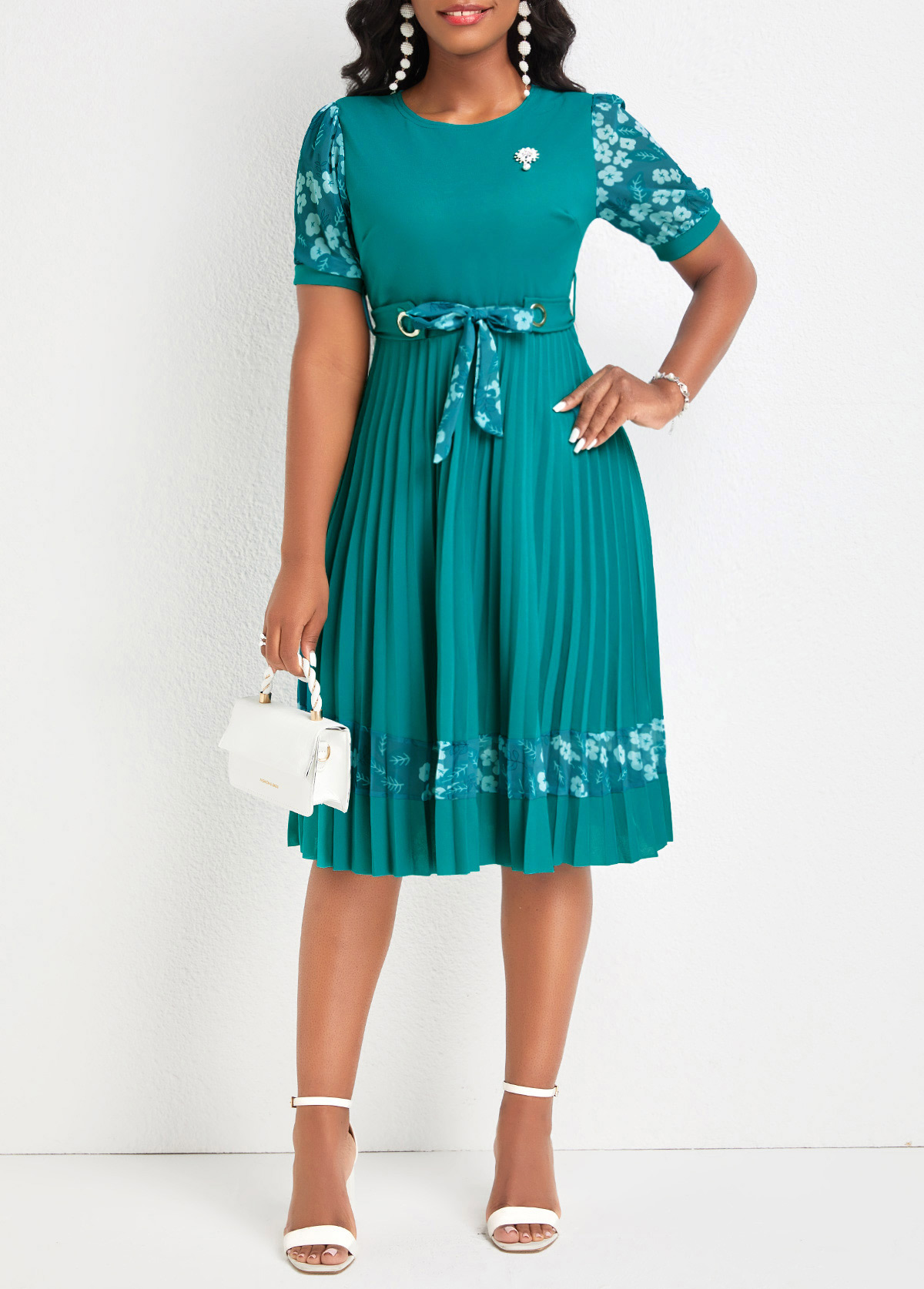 ROTITA Pleated Floral Print Turquoise Belted Round Neck Dress