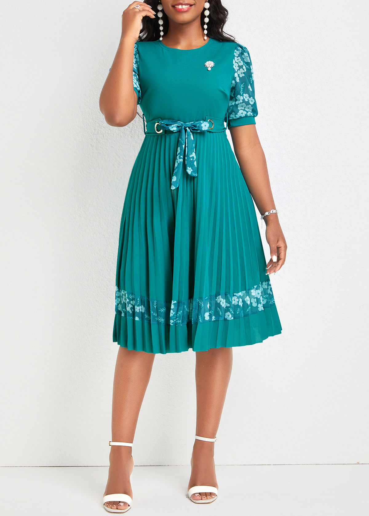ROTITA Pleated Floral Print Turquoise Belted Round Neck Dress Rotita