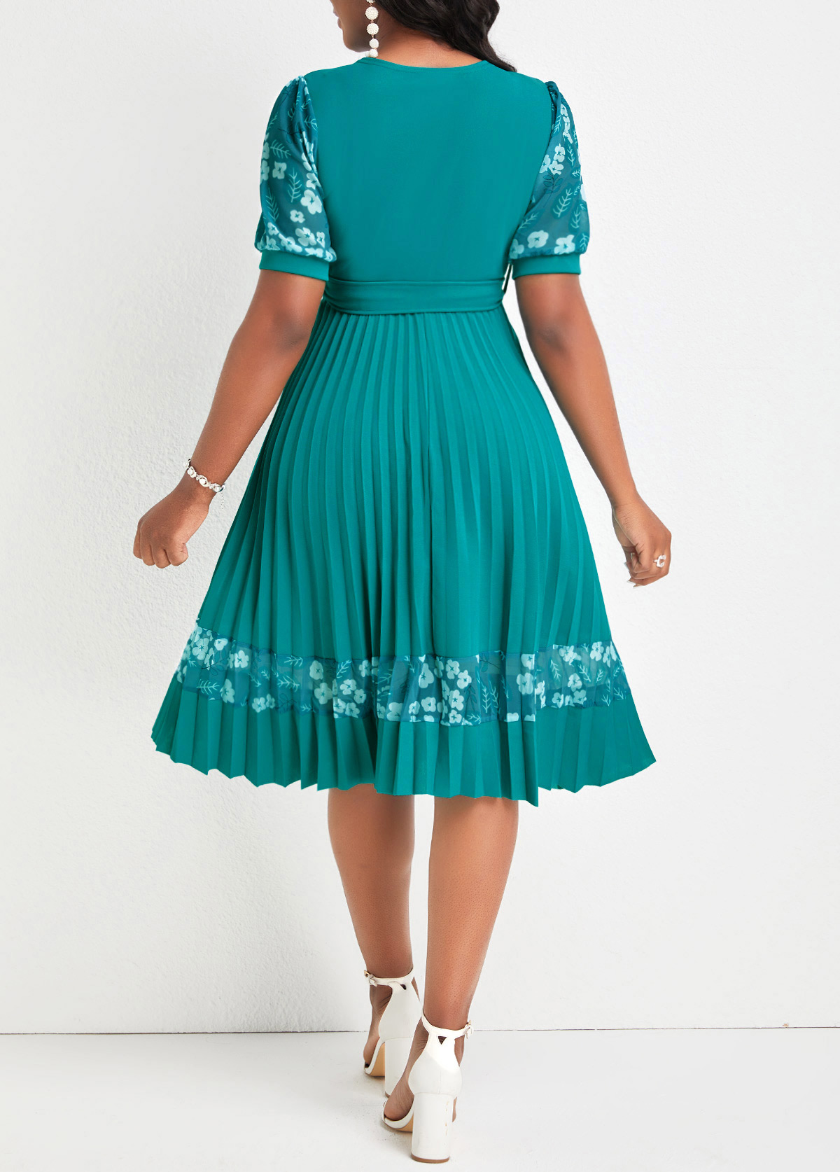 ROTITA Pleated Floral Print Turquoise Belted Round Neck Dress Rotita