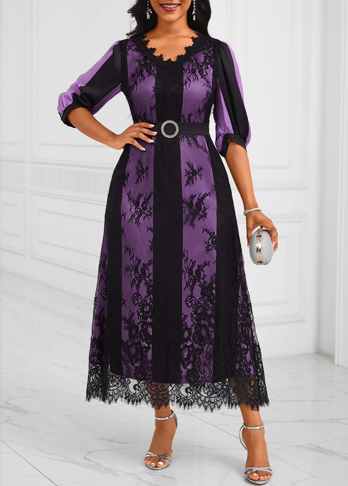 ROTITA Lace Purple Belted V Neck Half Sleeve Dress