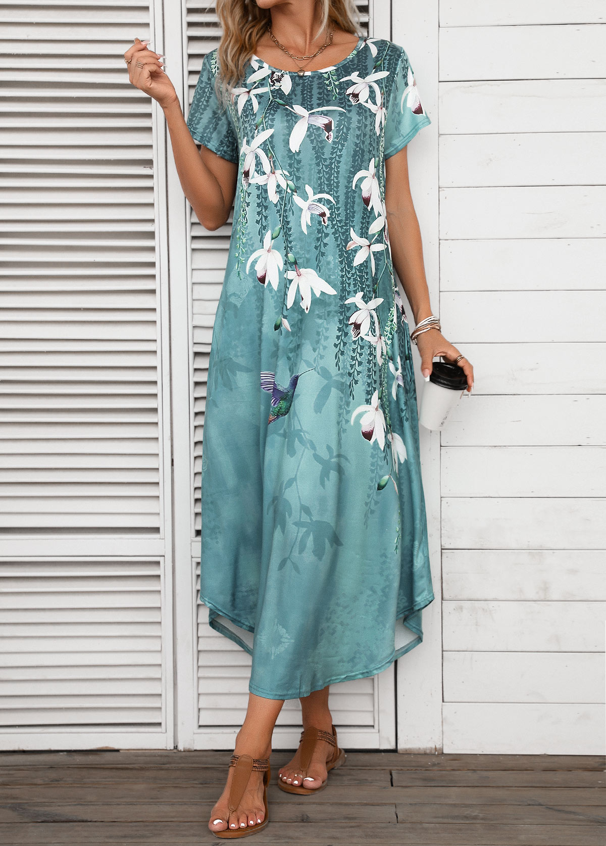 Pocket Floral Print Turquoise Shift Dress