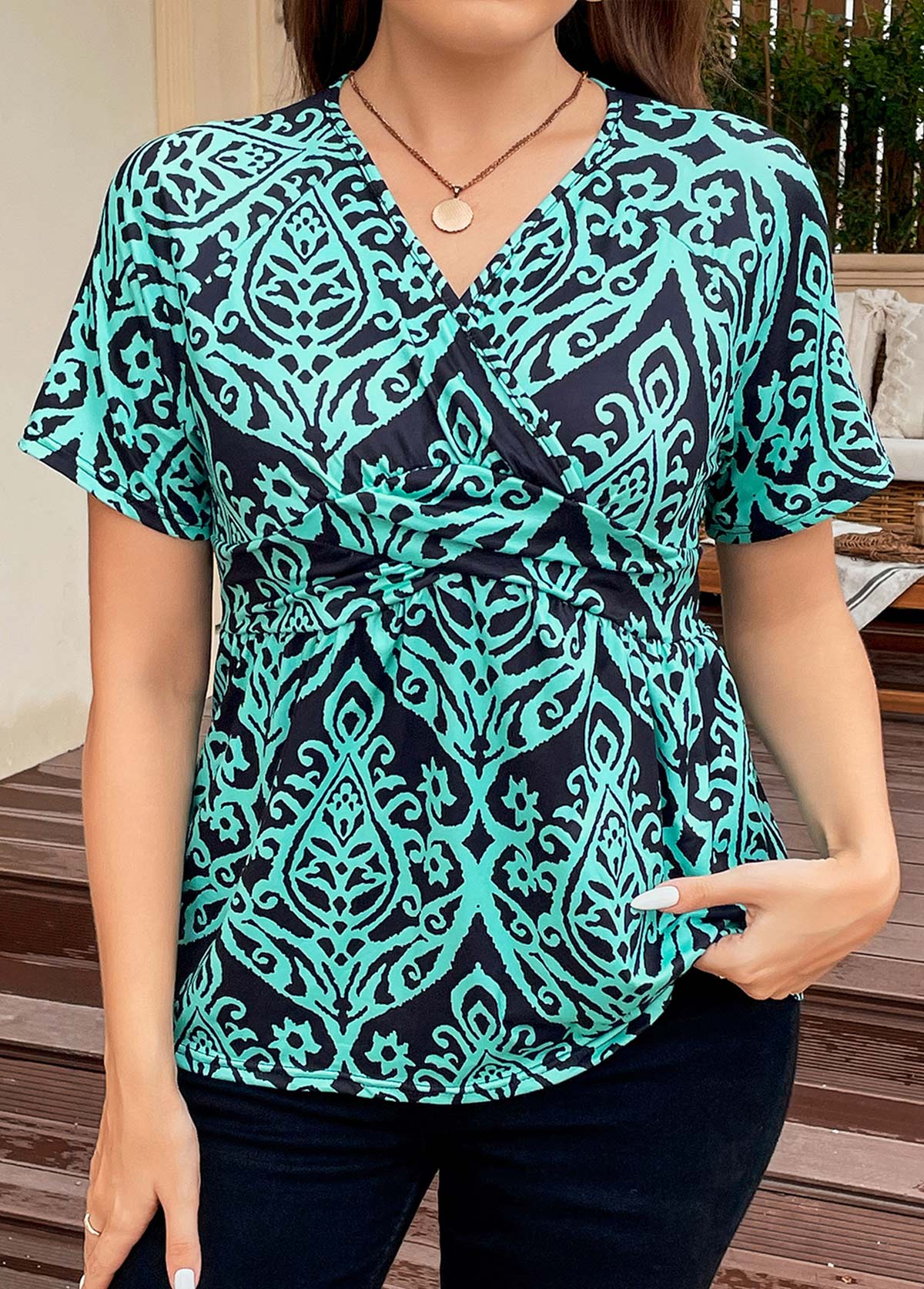 Plus Size Surplice Turquoise Tribal Print T Shirt
