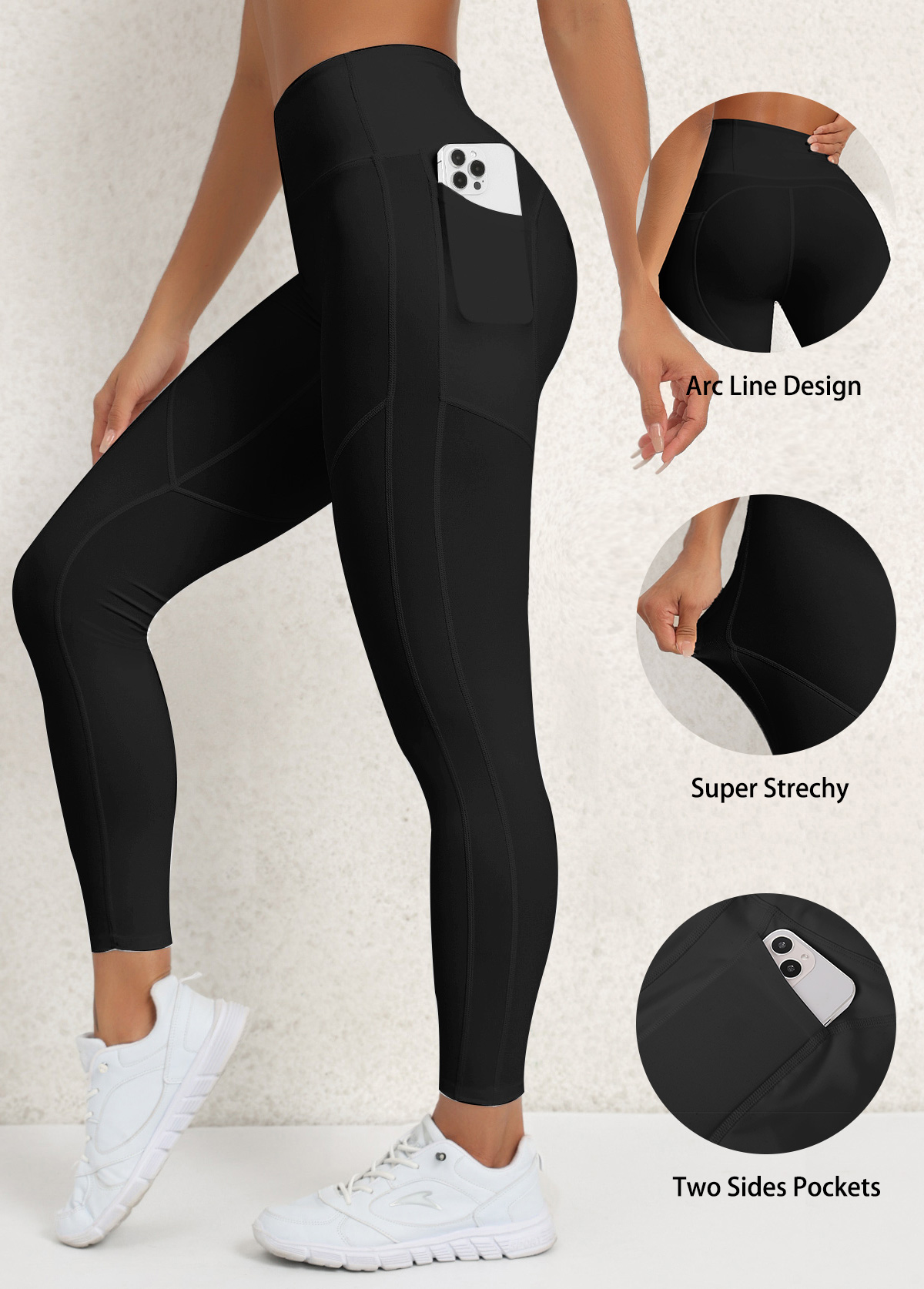 Schwarze Yoga-Leggings mit schmaler Tasche und elastischem Bund