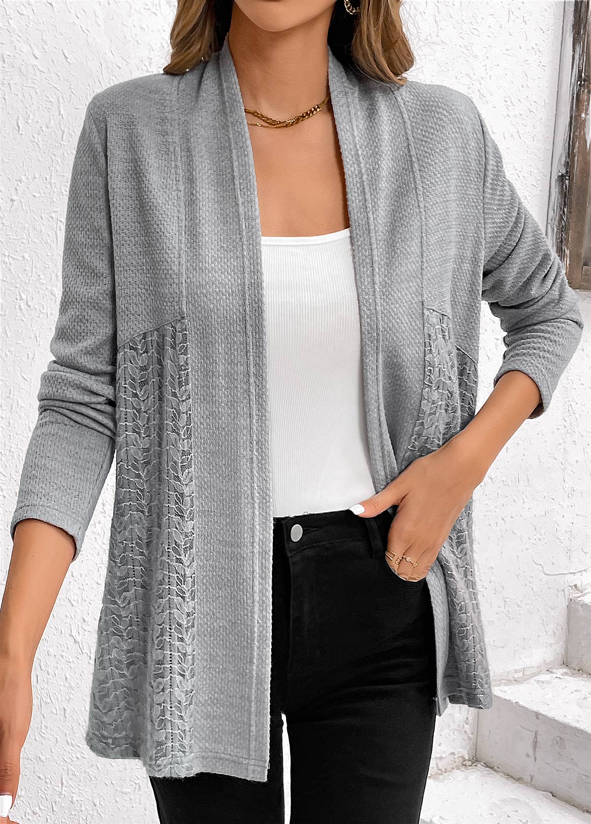 cardigan gris à manches longues en patchwork de dentelle rotita