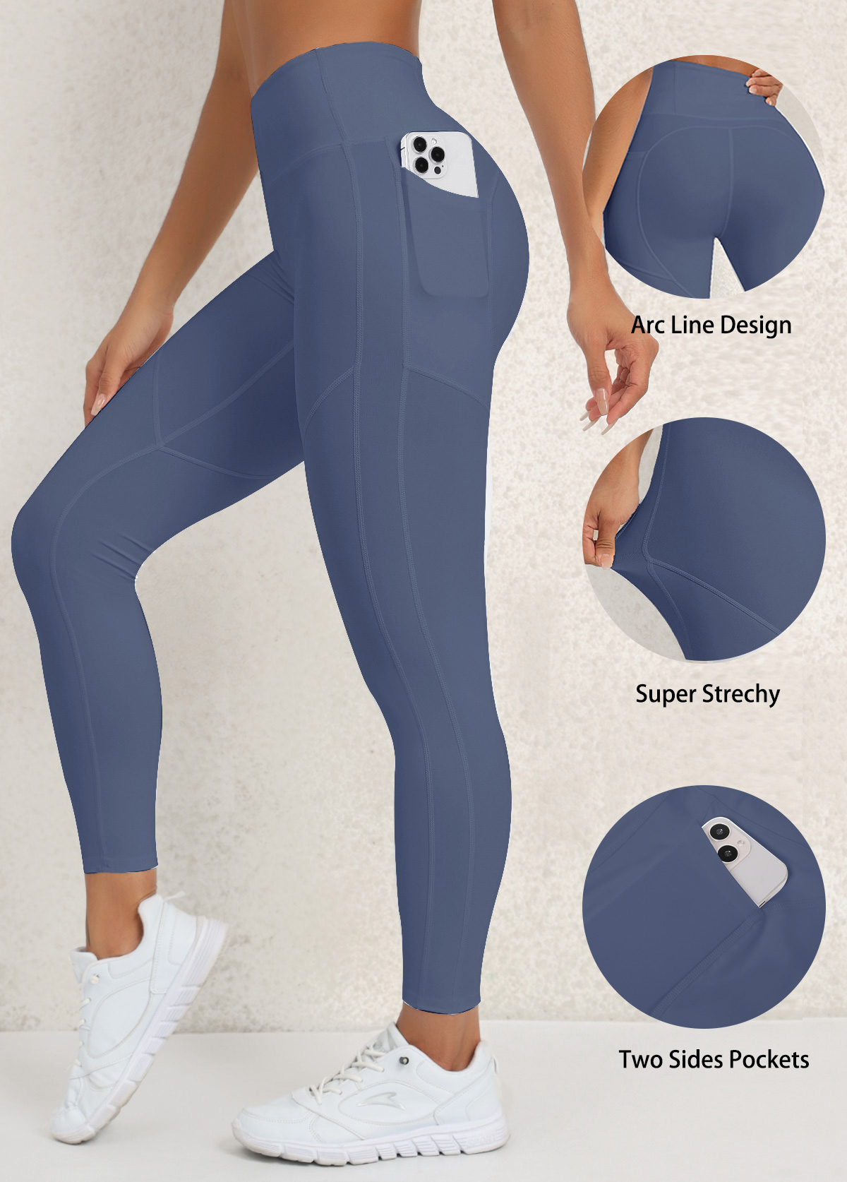 legging de yoga skinny bleu marine à taille élastique avec poche