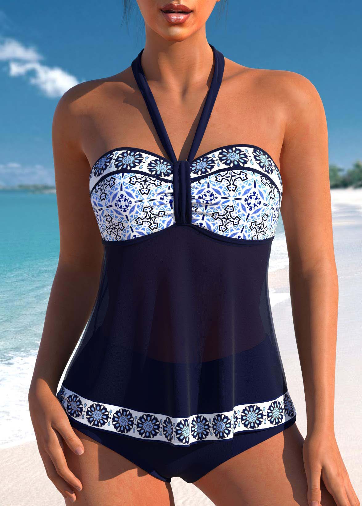 ROTITA Ensemble de tankini taille mi-haute à imprimé géométrique bleu marine patchwork